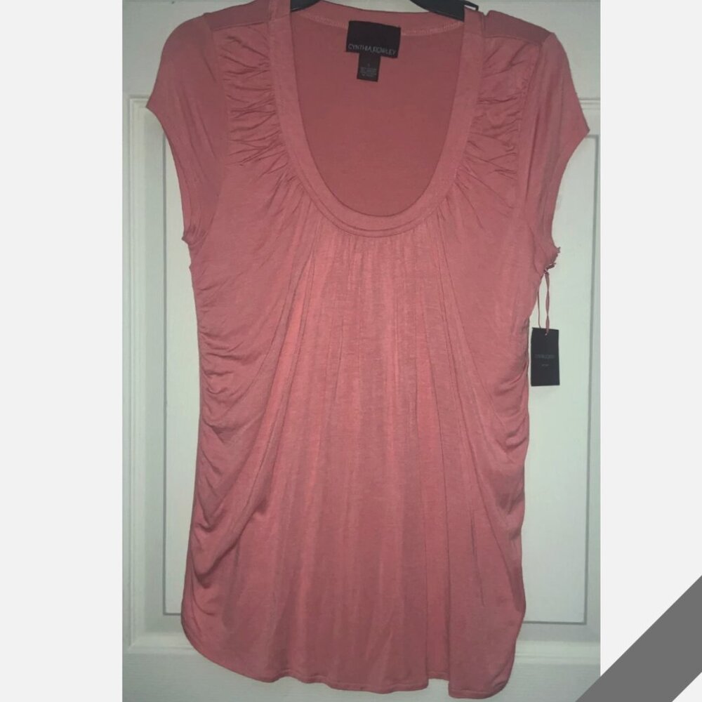 Cynthia Rowley Rose Pink Viscose Scoop Neck Ruched Tee - L - NWT
